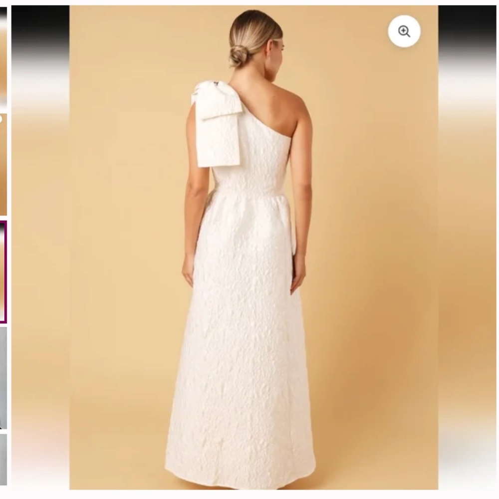 One-Shoulder White Textured Evening Dress with Bow